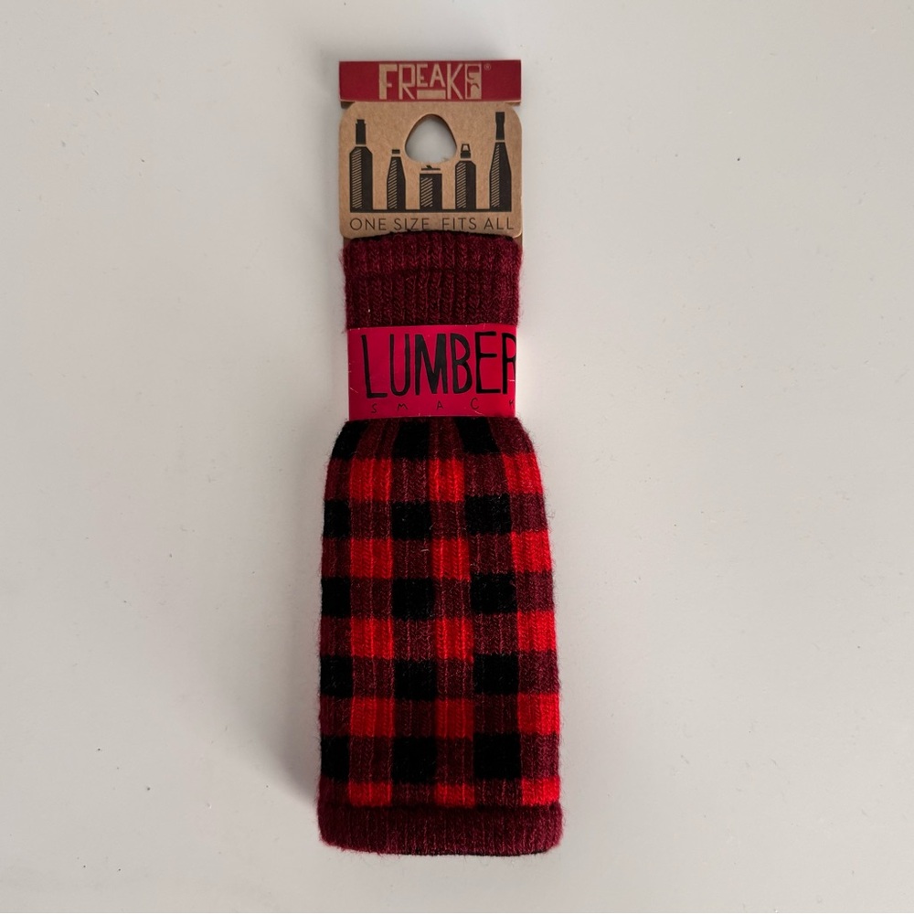 NWT Freaker USA Red and Black Check Plaid Lumber Beer Wine Stretchy Bottle Cover